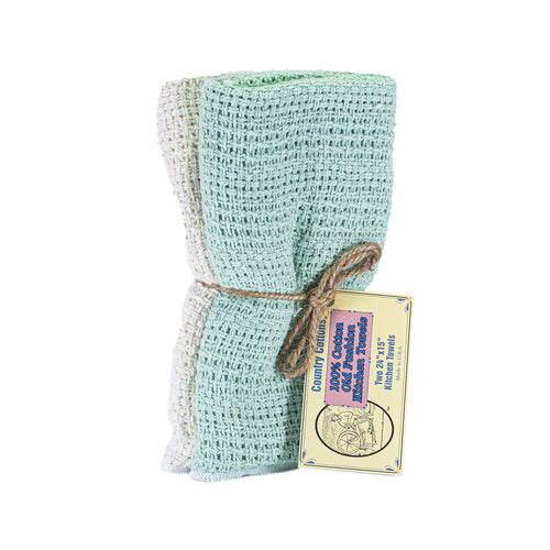 100% Cotton Old Fashion Kitchen Towels |  Set of 2: 1 Mint, 1 Natural