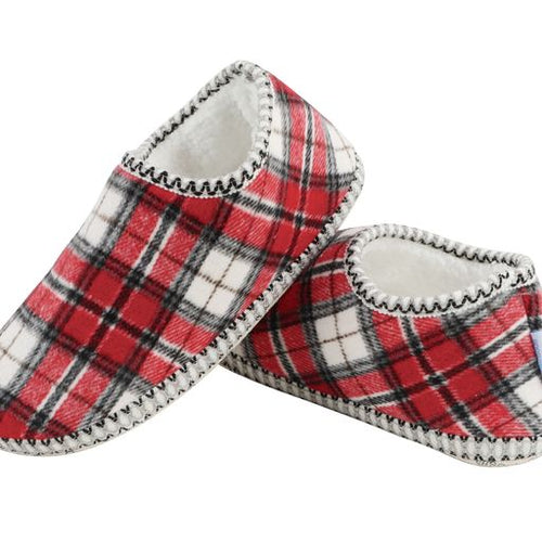 Snoozies Women's Cozy Plaid Cabin Bootie Red/Cream SMALL