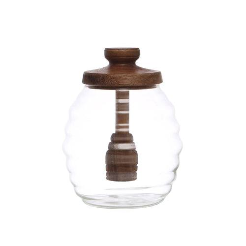 Glass Honey Jar 14 OZ w/ Wood Lid & Dipper, Natural