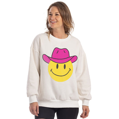 Pink Cowgirl Hat Happy Face Sweatshirt L